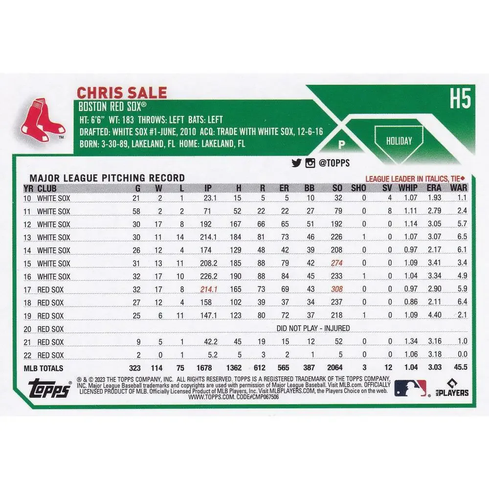 2023 Topps Holiday Chris Sale H5 Boston Red Sox